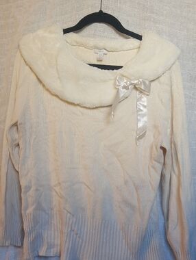 Apt. 9 Cream Faux-Fur Cowl Sweater with Satin Bow Accent